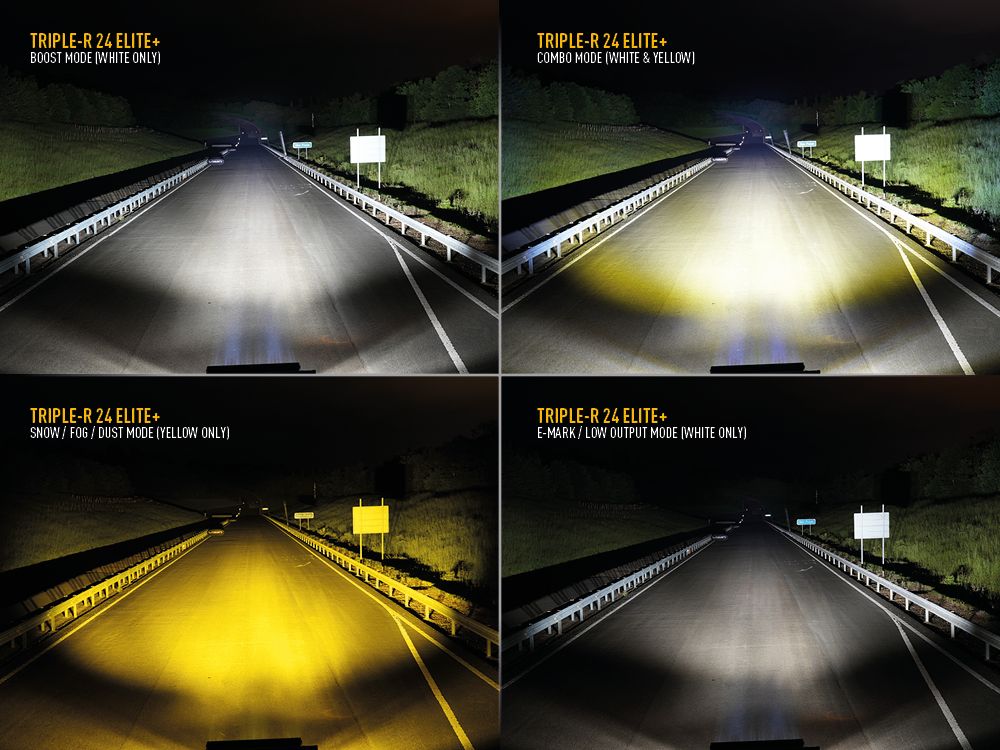 Comparison of different light modes on a vehicle's headlights at night.