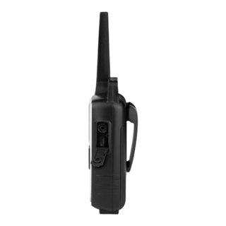 Side view of a Uniden UH620 handheld UHF radio, showing the flexible antenna, the accessory socket under its cover and the sprung belt clip on the back
