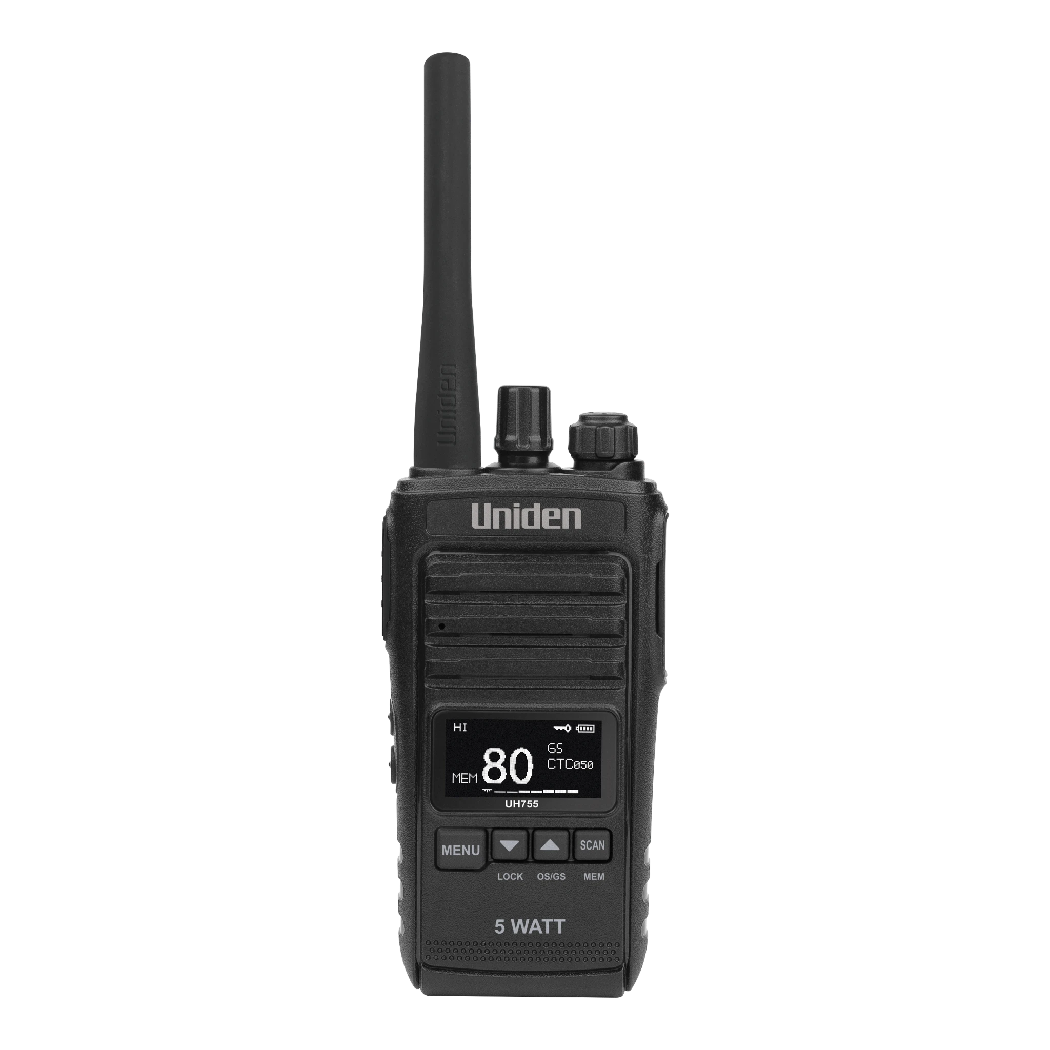 Uniden UH755 handheld UHF radio face on, the Uniden name above the speaker grille, the display showing channel 80 on memory with CTCSS 050 and a full battery, the menu, up, down and scan keys below, and 5 WATT marked at the base