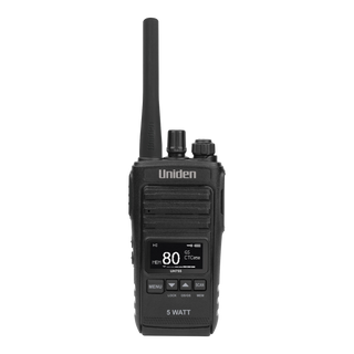 Uniden UH755 handheld UHF radio face on, the Uniden name above the speaker grille, the display showing channel 80 on memory with CTCSS 050 and a full battery, the menu, up, down and scan keys below, and 5 WATT marked at the base