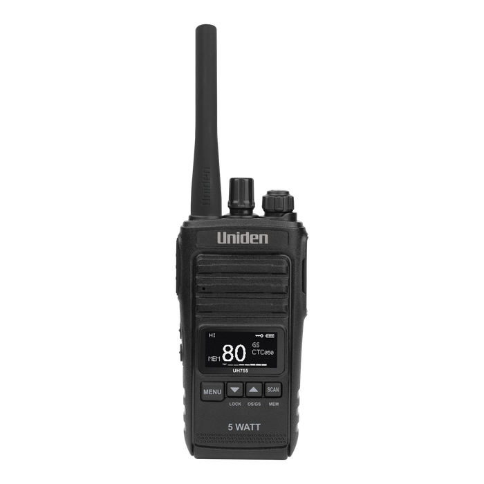 Uniden UH755 5 Watt UHF CB Splashproof Handheld Radio Deluxe Pack