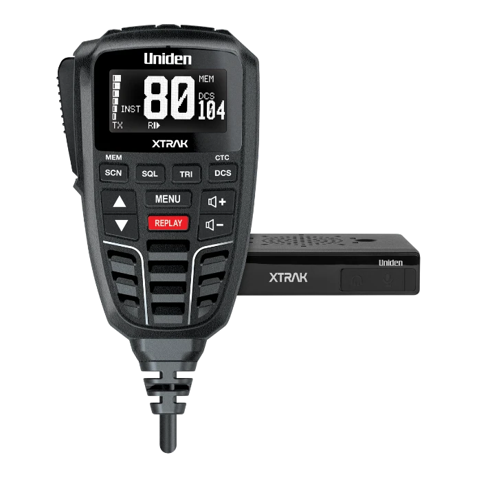 Uniden XTRAK UHF controller and its compact black radio body side by side, the controller screen showing channel 80 with the DCS code 104 and the memory and instant-channel indicators lit