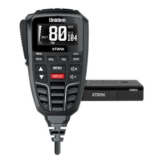 Uniden XTRAK UHF controller and its compact black radio body side by side, the controller screen showing channel 80 with the DCS code 104 and the memory and instant-channel indicators lit