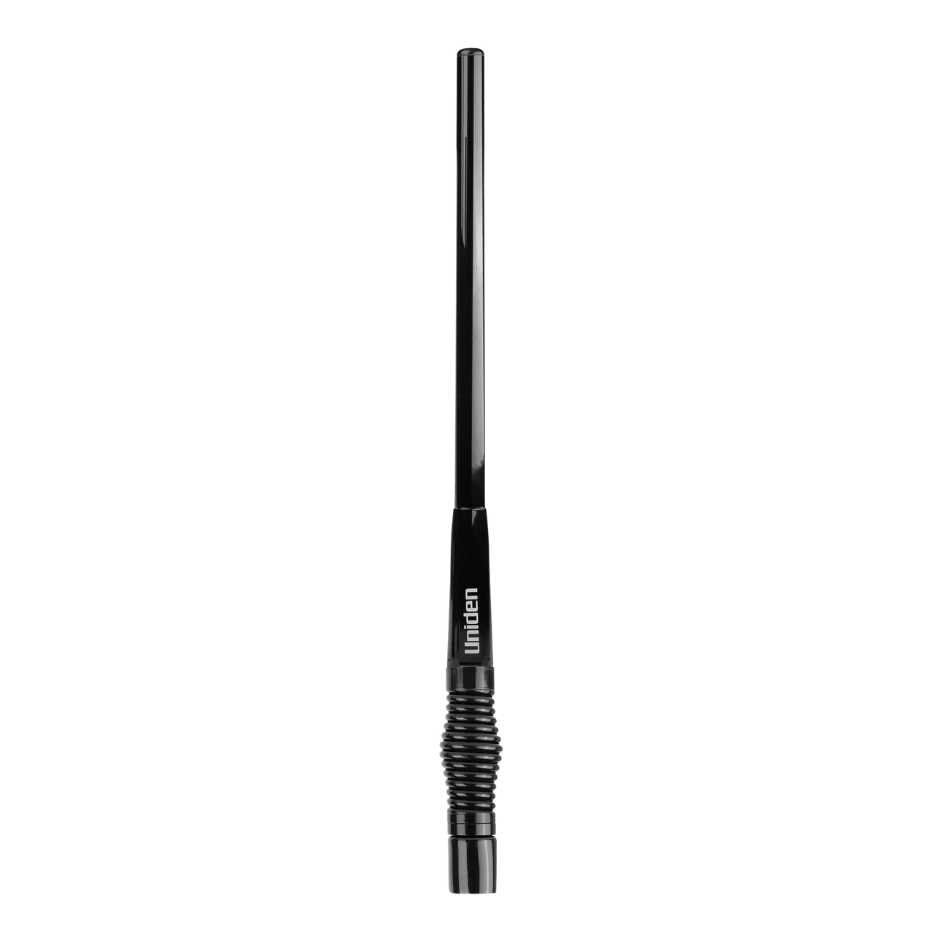 A Uniden UHF antenna whip standing upright against white, black gloss finish with the coiled spring section and threaded base at the bottom and the Uniden name on the shaft