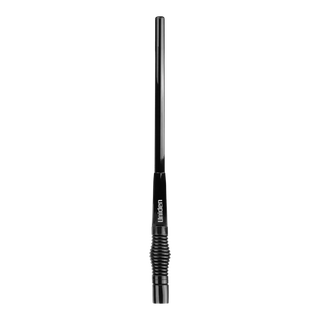 A Uniden UHF antenna whip standing upright against white, black gloss finish with the coiled spring section and threaded base at the bottom and the Uniden name on the shaft