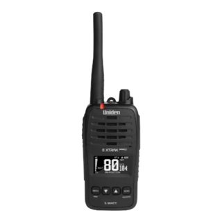 Uniden XTRAK 50 Pro handheld UHF radio standing upright, the flexible antenna above the speaker grille and the screen showing channel 80 with the DCS code 104, 5 WATT marked below the keypad