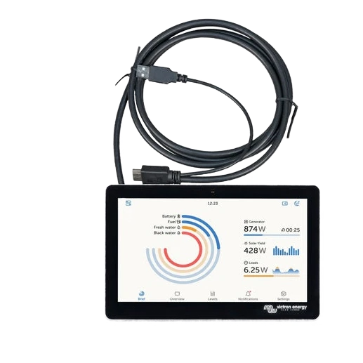 Victron GX Touch 50 with the brief screen displayed: a coloured ring gauge for battery, fuel, fresh water and black water on the left, and generator 874W, solar yield 428W and loads 6.25W listed on the right, with its USB and HDMI lead above