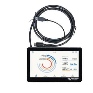 Victron GX Touch 50 with the brief screen displayed: a coloured ring gauge for battery, fuel, fresh water and black water on the left, and generator 874W, solar yield 428W and loads 6.25W listed on the right, with its USB and HDMI lead above