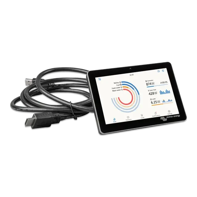 Tablet with energy monitoring app displaying graphs and numbers on a white background