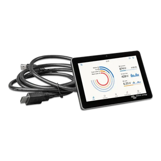 Tablet with energy monitoring app displaying graphs and numbers on a white background