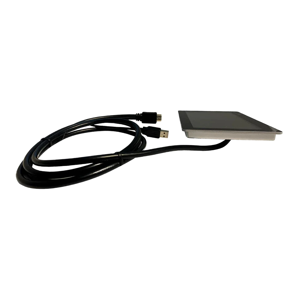 Victron GX Touch 50 seen at a low angle showing how thin the flush-mount panel is, with its stainless bezel and the supplied USB and HDMI lead coiled alongside