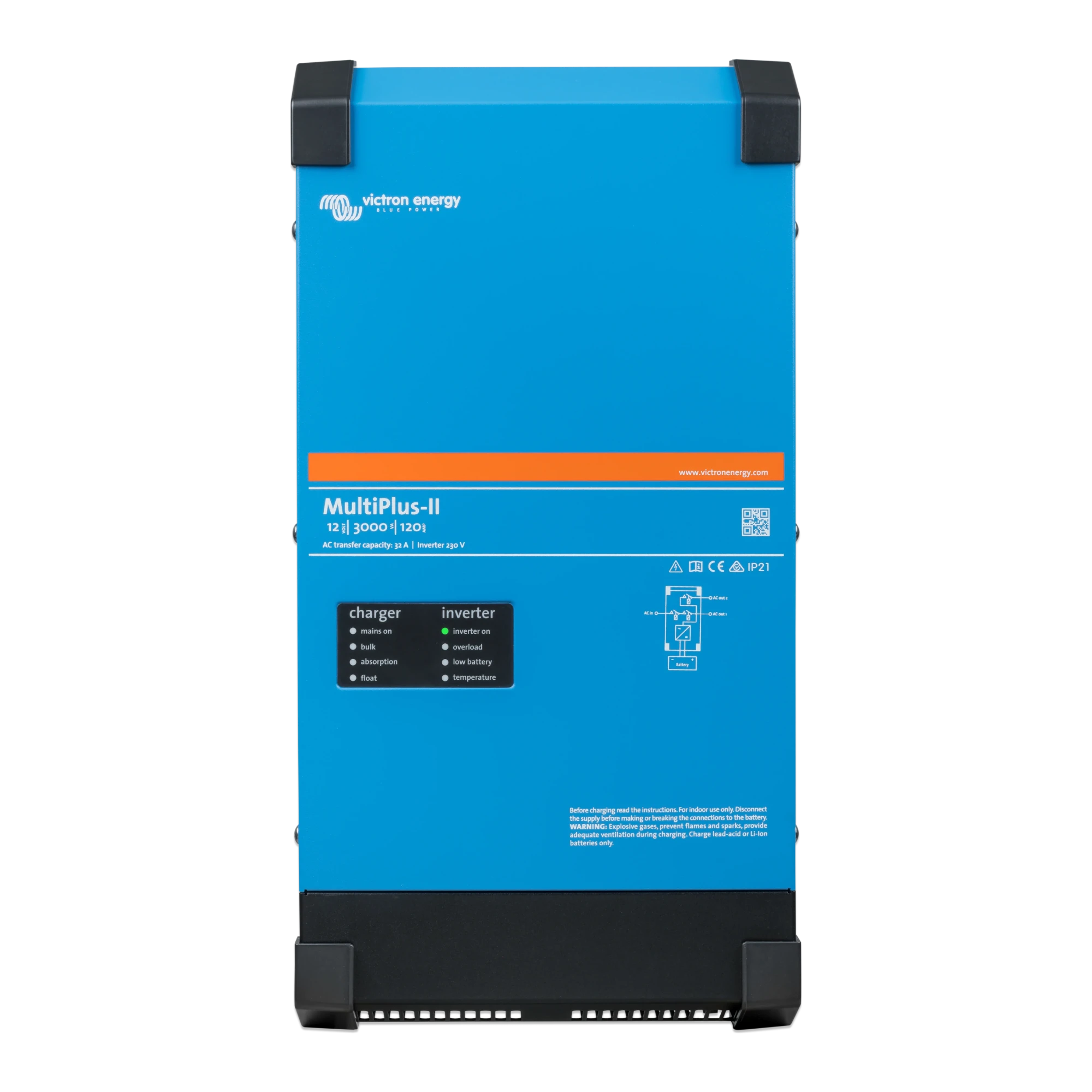 Victron MultiPlus-II 12V 3kVA 230V inverter charger, front view