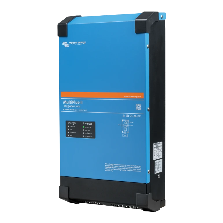 Victron MultiPlus-II 12/3000/120 at an angle, showing the front panel model markings and the ventilated side of the case