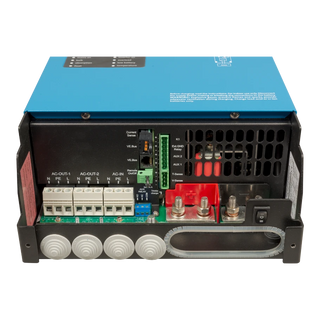 Connection area of the Victron MultiPlus-II with the cover removed, showing the AC-OUT-1, AC-OUT-2 and AC-IN terminals, VE.Bus ports, current sense, remote on off, auxiliary relay and the battery terminals