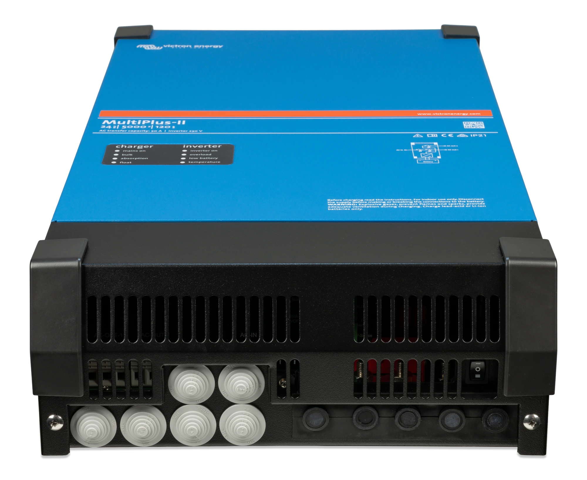 Victron MultiPlus 24/5000/120-100 230V VE.Bus – bottom view showing cable entries