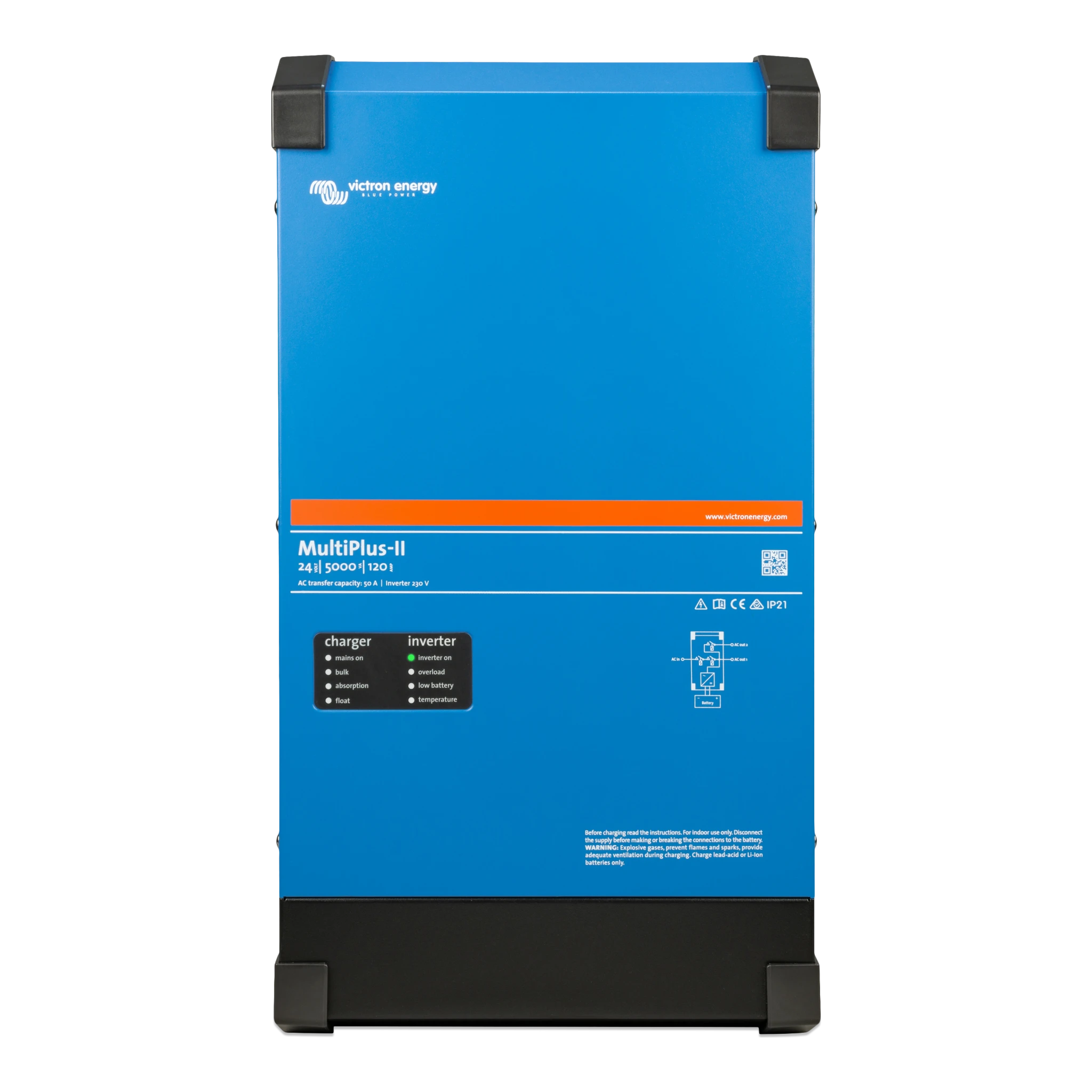 Victron MultiPlus-II 24/5000/120 front view, marked with a 50 A AC transfer capacity