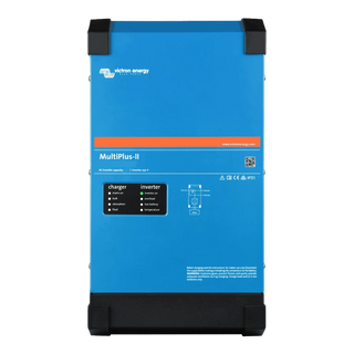 Victron MultiPlus-II inverter charger front view, showing the blue steel case and the charger and inverter status LED panel