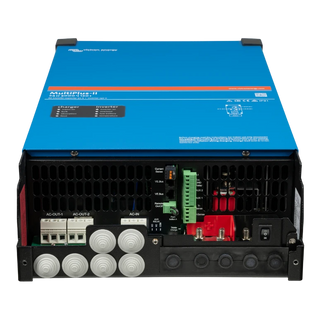 Victron MultiPlus-II with the connection cover removed, showing the terminal layout, cable glands and the main on off switch