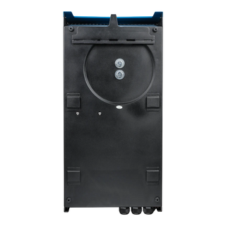 Black rectangular industrial component with circular opening on a white background