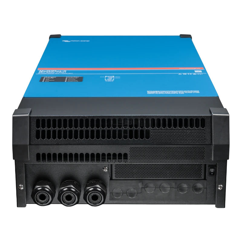 Power inverter with blue top and black bottom on a white background