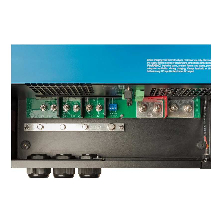 Electrical power inverter with blue top and visible circuitry on a white background