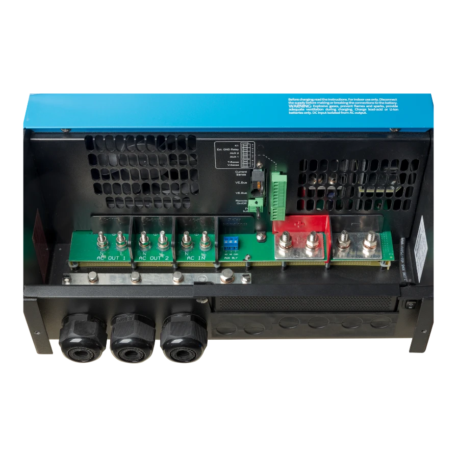 Electrical power inverter with blue top and visible circuitry on a white background