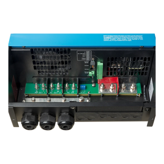 Electrical power inverter with blue top and visible circuitry on a white background