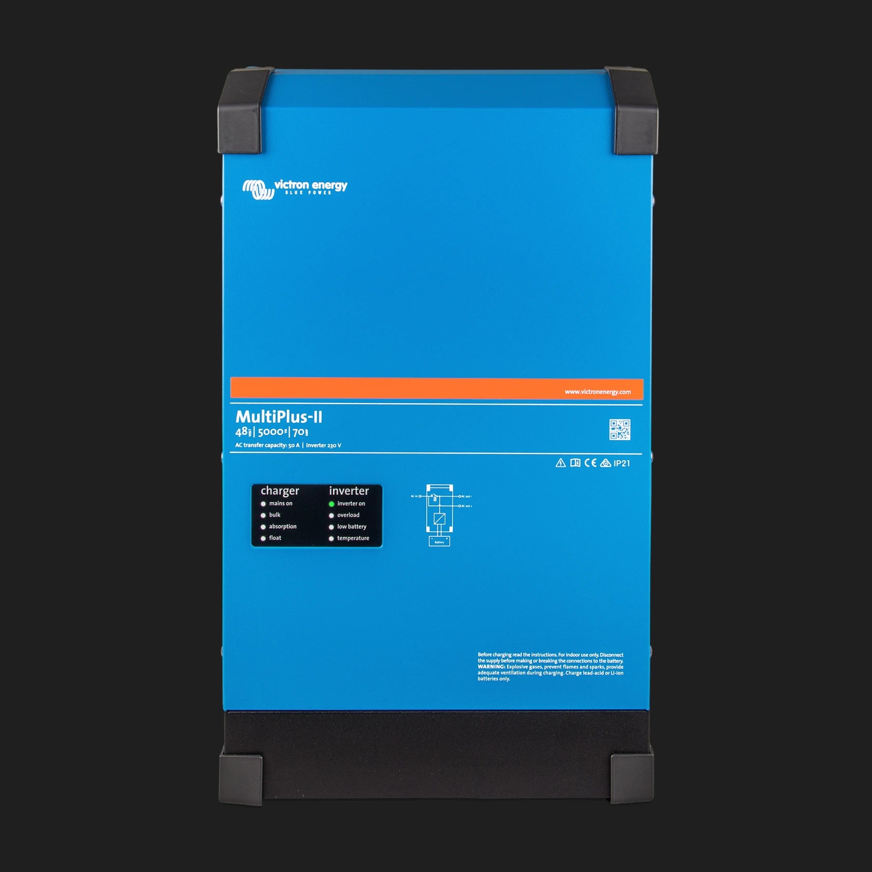Victron MultiPlus-II inverter charger front view, showing the blue steel case and the charger and inverter status LED panel