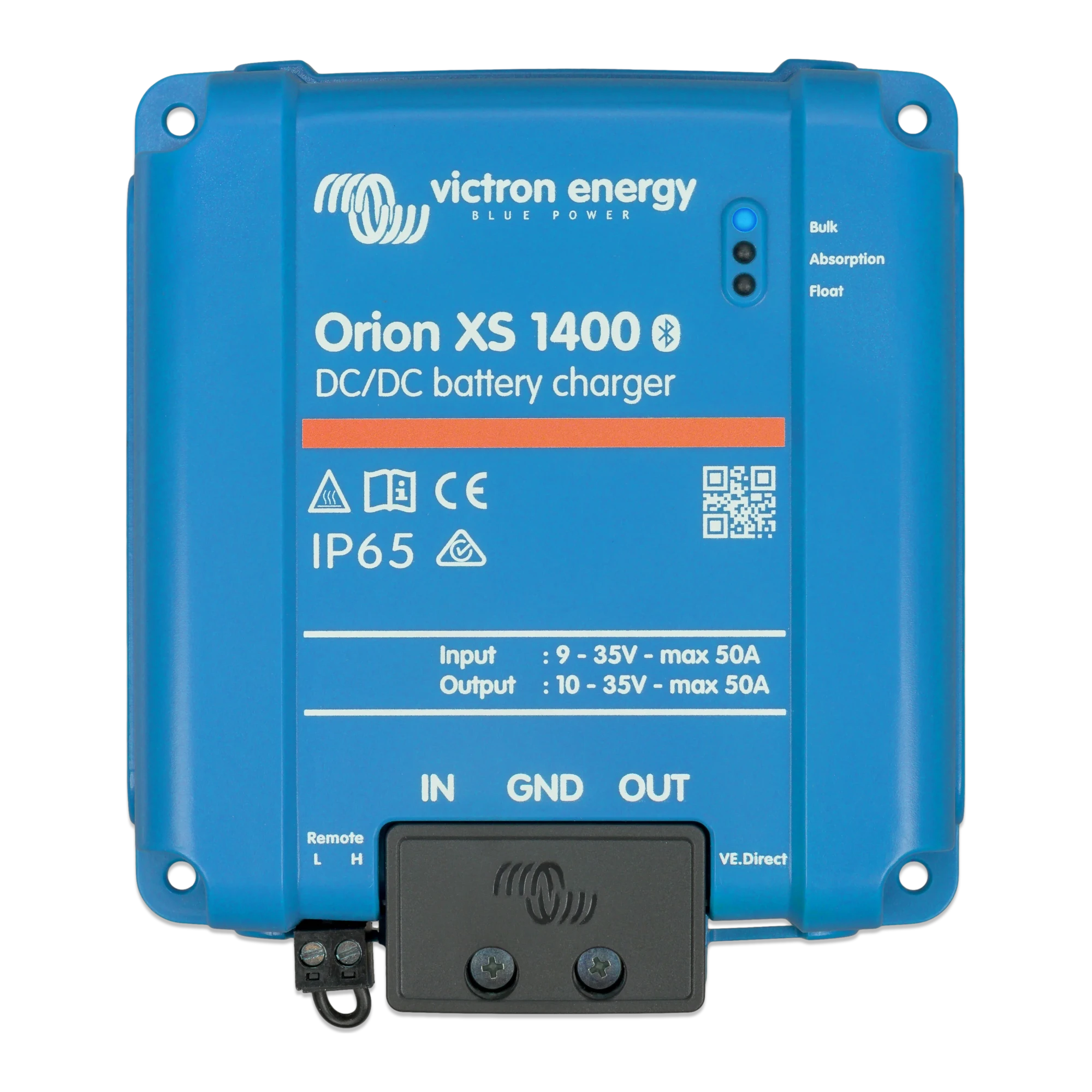 Victron Orion XS 1400 top view showing the label, input and output ratings