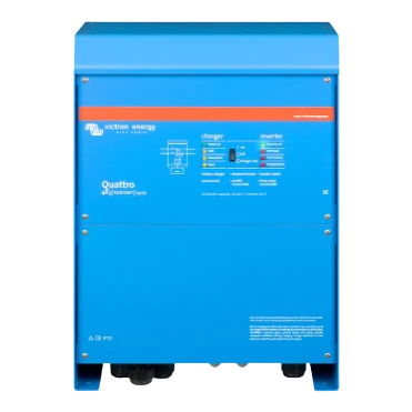 Victron Quattro 48|10000|140 inverter charger, front view of the blue case with the charger and inverter status legend across the middle panel
