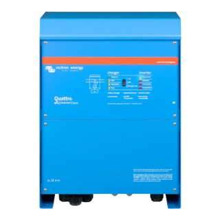 Victron Quattro 48|10000|140 inverter charger, front view of the blue case with the charger and inverter status legend across the middle panel