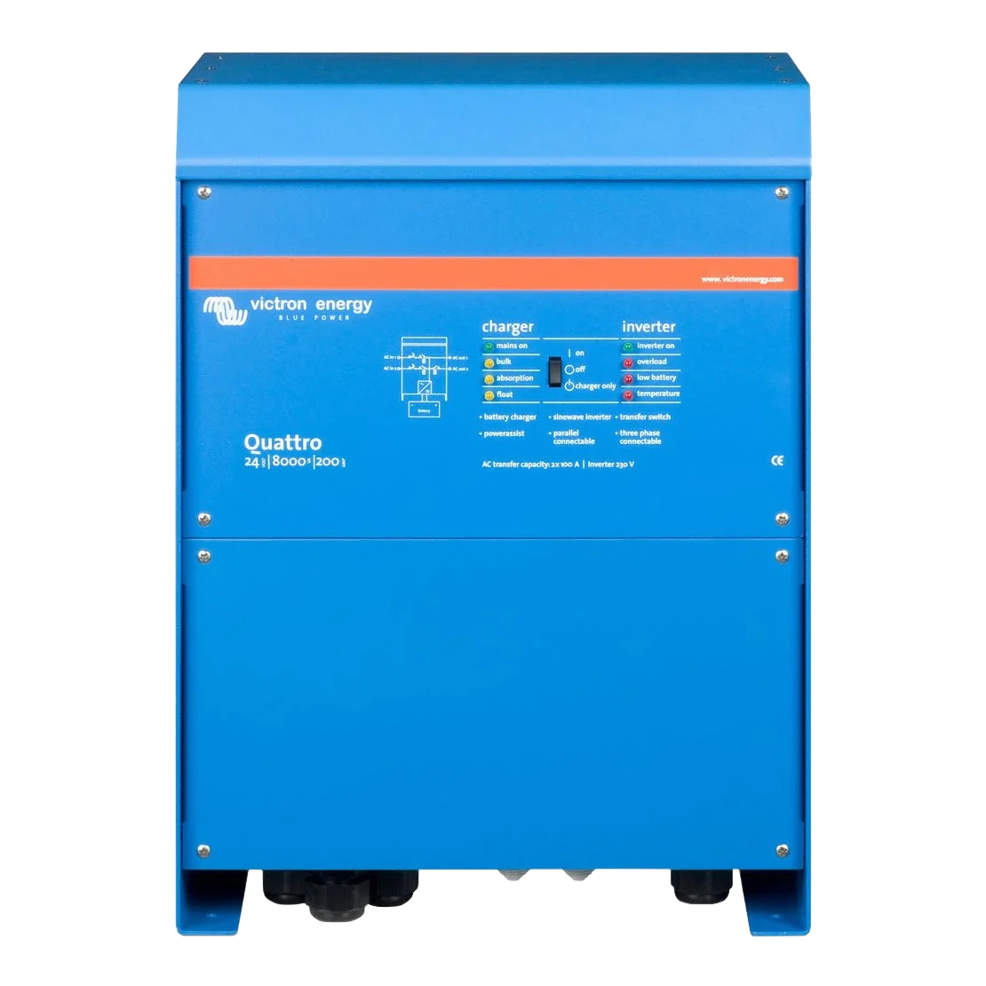Victron Quattro 24|8000|200 shown large against white, with the charger and inverter LED legend and the wiring diagram clearly readable