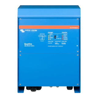 Victron Quattro 24|8000|200 shown large against white, with the charger and inverter LED legend and the wiring diagram clearly readable