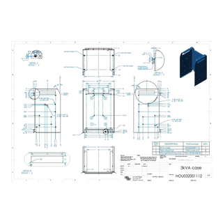 Victron engineering drawing for the 3 kVA enclosure, part number HOU032001112, with dimensioned front, side and top views in millimetres