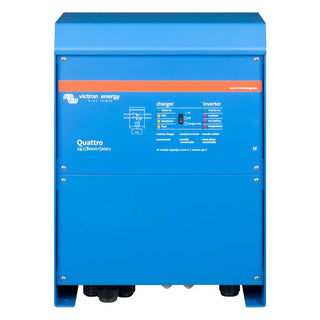 Victron Quattro 24|8000|200 shown large against white, with the charger and inverter LED legend and the wiring diagram clearly readable