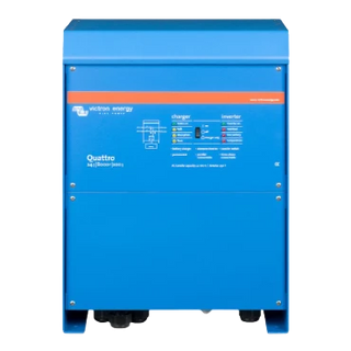 Victron Quattro 24|8000|200 front view, showing the printed wiring diagram and the three-position charger on and off switch