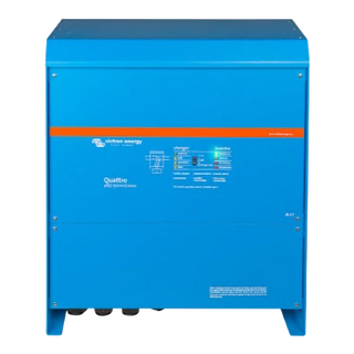 Front view of a large-case Victron Quattro, the full-width orange band sitting above the charger and inverter status legend