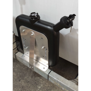 Fuel tank with metal bracket attached to a vehicle frame against a white background – Diesel Heat Wafer Tank Mounting Bracket — 10L Black Fuel Tank