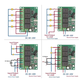 4-channel receiver board with terminals and dual 4-button keyfob remotes