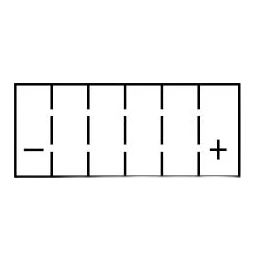 Plan outline of a six-cell battery case with the negative marked at the left end and the positive at the right