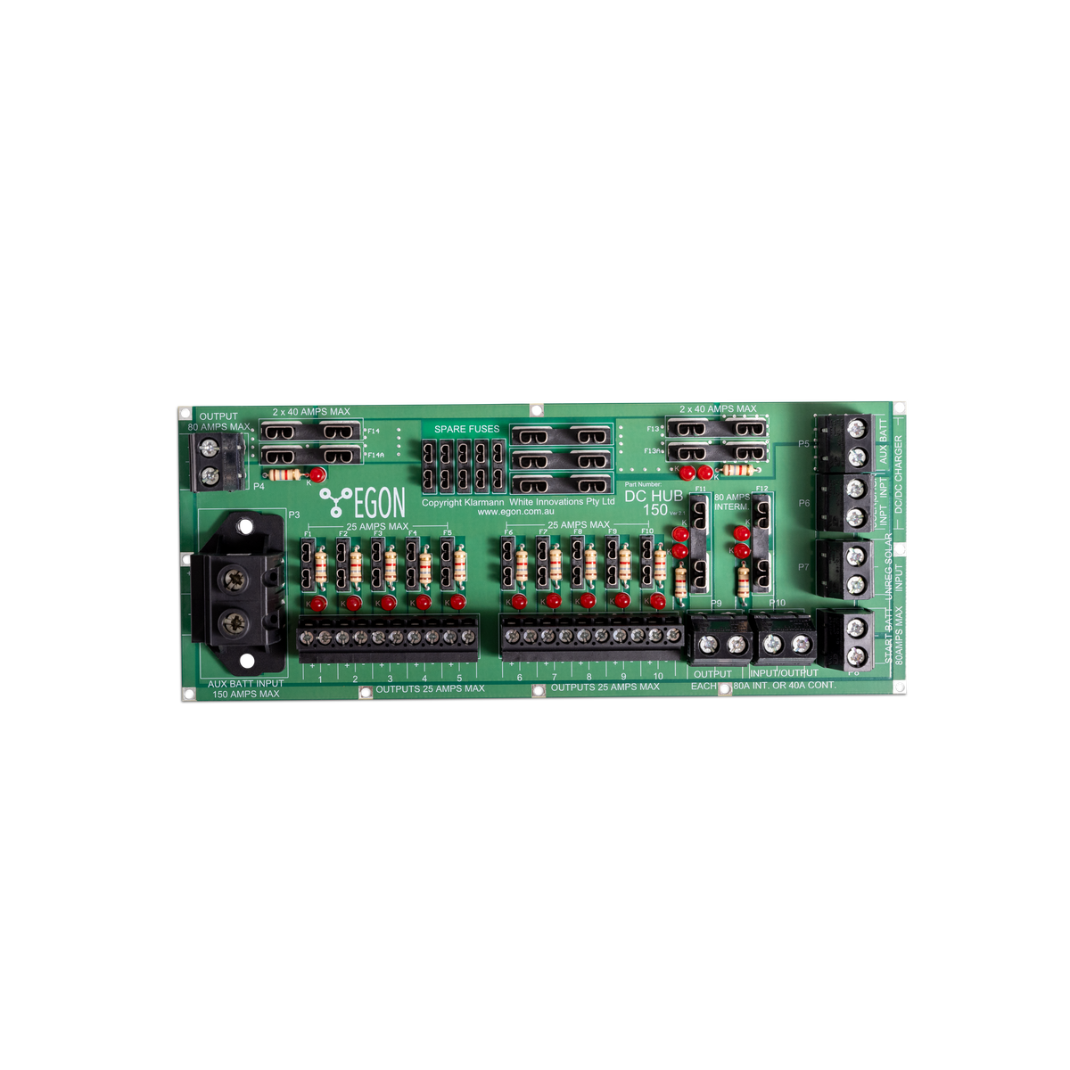 The EGON DC Hub 150 board face on, showing the full terminal layout: aux battery input rated 150 amps max, two banks of ten outputs at 25 amps each, two pairs of 40 amp outputs, an 80 amp output, a spare fuse holder, and the input terminals for start battery, unregulated solar, DC-DC charger and aux battery