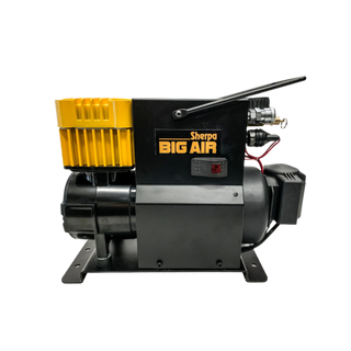 PORTABLE 12V OIL FREE AIR COMPRESSOR Sherpa have built on their high performance winch designs to couple a massive electric motor to a completely new air compressor. The Sherpa BIG AIR is an oil free compressor that has been optimised to deliver air up to 90 PSI meaning it can deliver higher volumes at more usable pressures. | Perth Pro Auto
