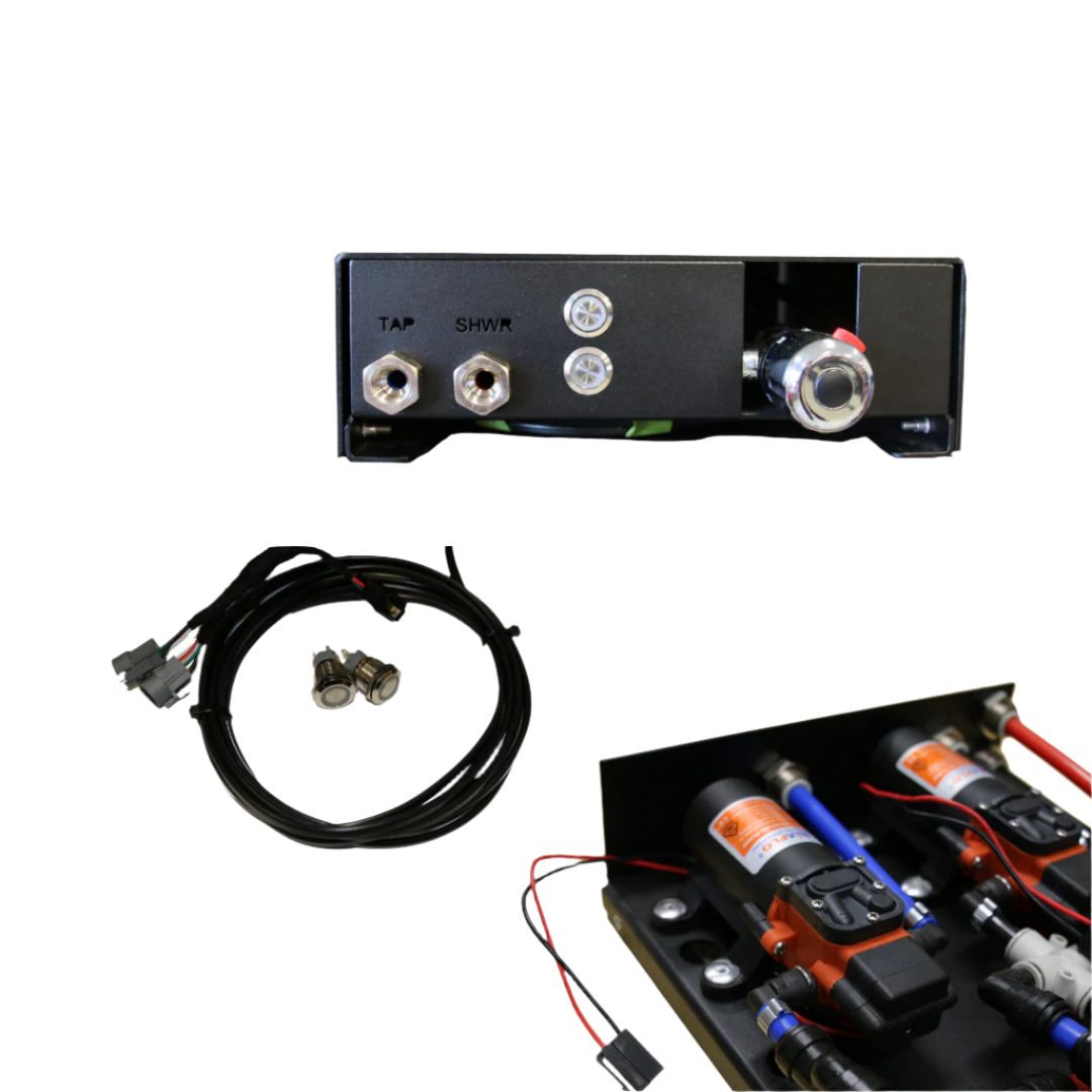 The EGON Water Hub with its electrical kit, showing the outlet end of the hub, the wiring loom with two illuminated push switches, and the inside of the hub with the twin pumps and blue plumbing lines