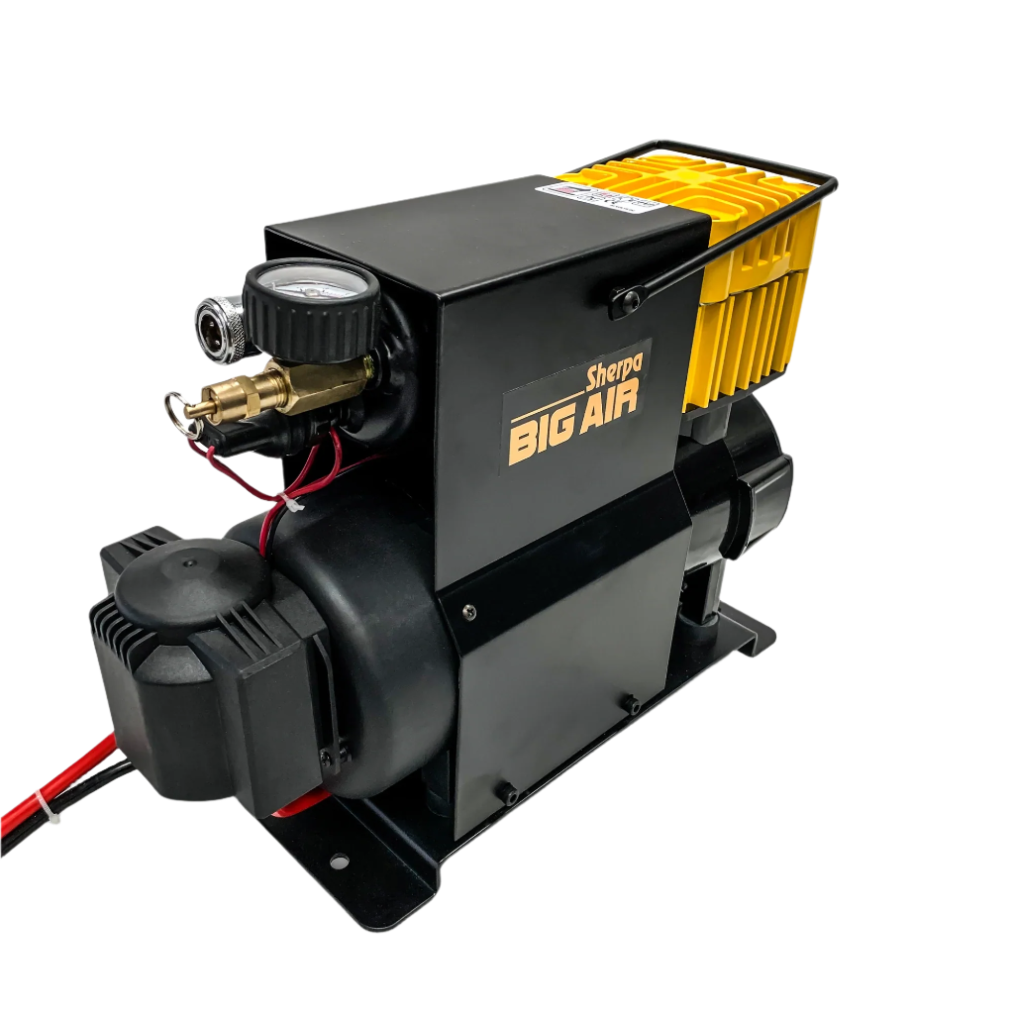 PORTABLE 12V OIL FREE AIR COMPRESSOR Sherpa have built on their high performance winch designs to couple a massive electric motor to a completely new air compressor. The Sherpa BIG AIR is an oil free compressor that has been optimised to deliver air up to 90 PSI meaning it can deliver higher volumes at more usable pressures. | Perth Pro Auto