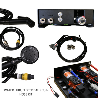 Everything in the Water Hub, electrical kit and hose kit laid out together: the hub itself, a shower hose and rose, a tap outlet hose with quick-connect fitting, the wiring loom with its two illuminated switches, and the hub with the cover off showing the twin pumps inside