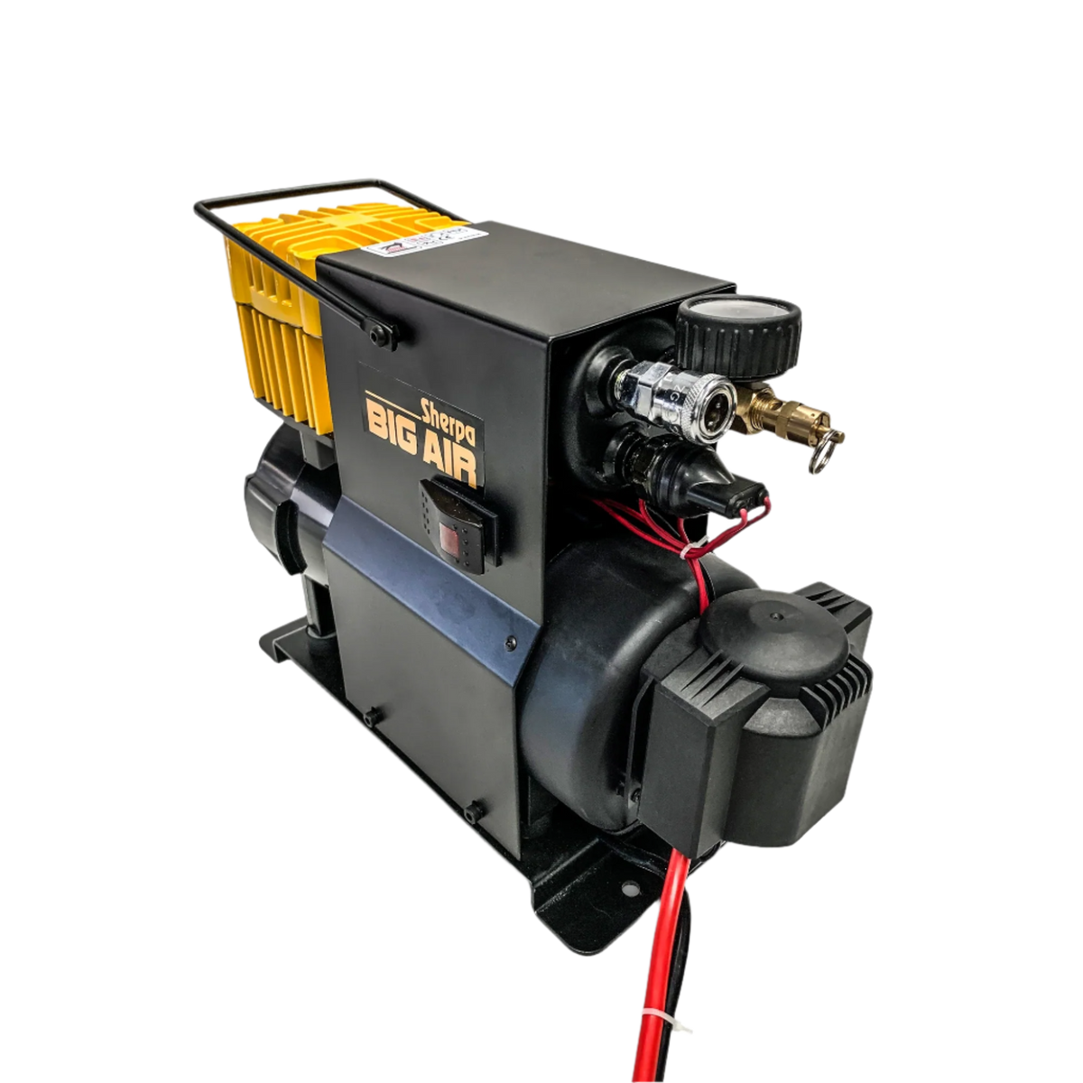 PORTABLE 12V OIL FREE AIR COMPRESSOR Sherpa have built on their high performance winch designs to couple a massive electric motor to a completely new air compressor. The Sherpa BIG AIR is an oil free compressor that has been optimised to deliver air up to 90 PSI meaning it can deliver higher volumes at more usable pressures. | Perth Pro Auto