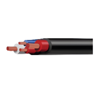 Cut end of four-core electric brake controller cable with the black sheath peeled back, showing the blue, red, brown and white insulated cores and the copper strands inside each