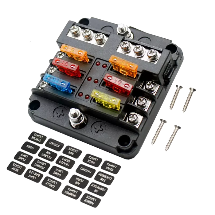 Fuse Block 6 Way Fuse Negative Bus Bar & Red LED & Fuses