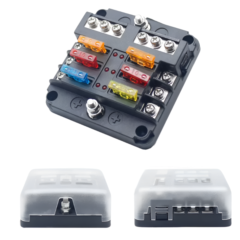Fuse Block 6 Way Fuse Negative Bus Bar & Red LED & Fuses