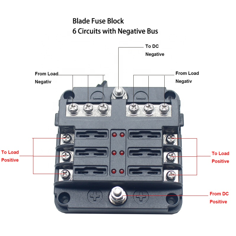 Fuse Block 6 Way Fuse Negative Bus Bar & Red LED & Fuses